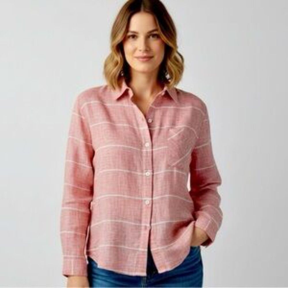 Habitat Clothes to Live In Red & White Stripe Linen Crossover Blouse Size Small